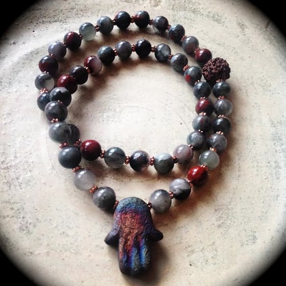 Image of Cleansing and Renewal Bloodstone with Hamza Hand and Sacred Shiva Tear ( Rudraksha) Necklace