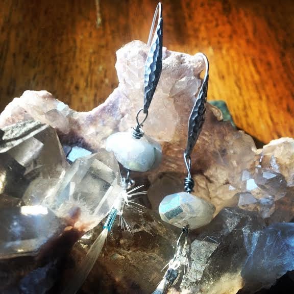 Image of Moonstone and Feather Goddess Earrings 