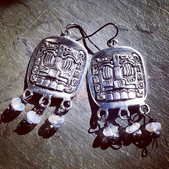 Image of Goddess Mictecacihuatl Tribal Moonstone and Pyrite Earrings