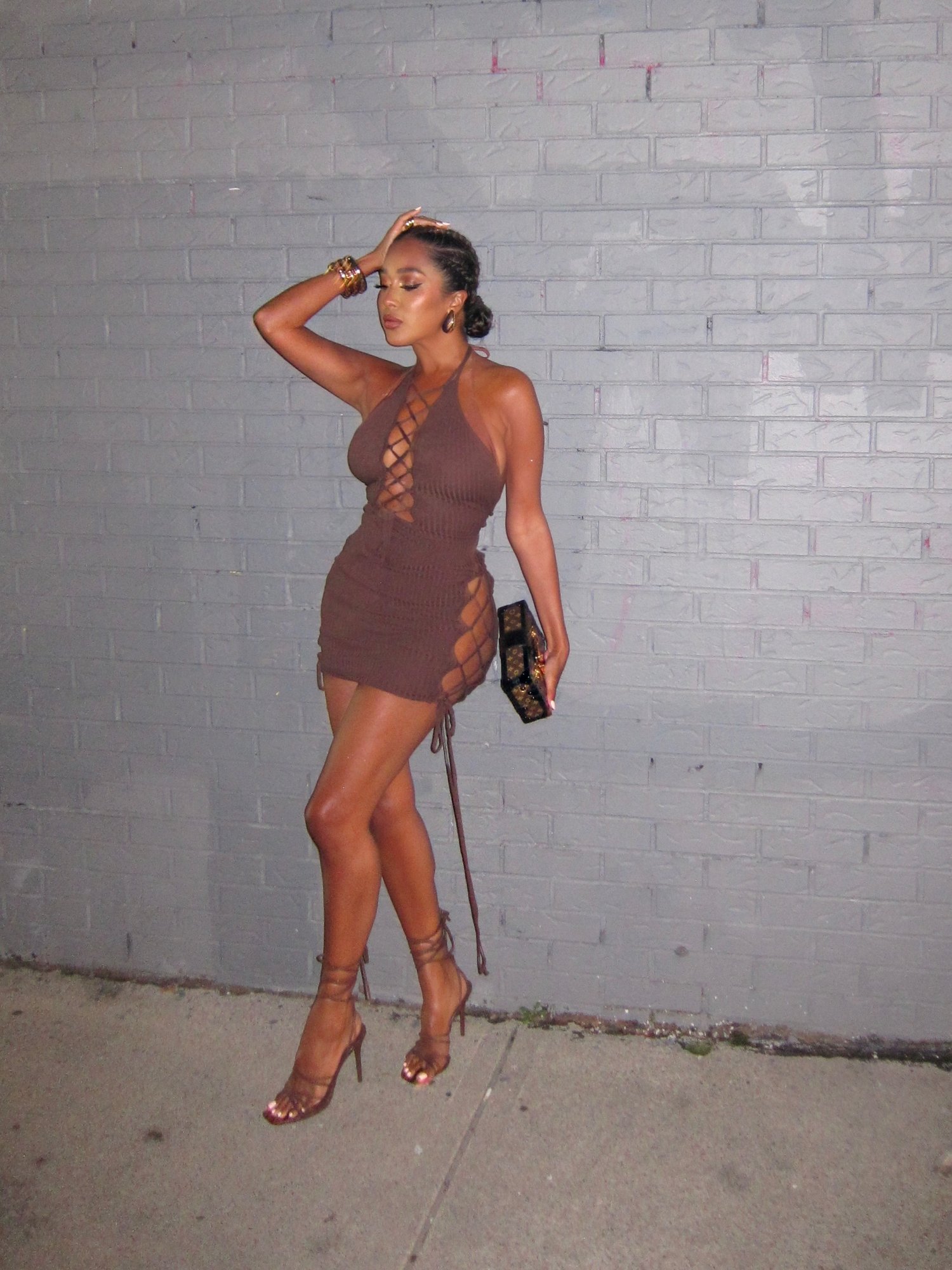 Image of BROWN RIBBED MINI DRESS WITH CRISS CROSS STRAPS (S/M)
