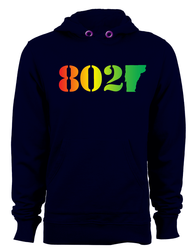 Image of 802 Classic Vermont Hooded Sweatshirt - Red, orange, yellow, green (Rasta) 802 logo on a Navy Hoodie