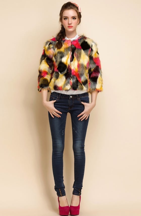 Image of Three-quarter Sleeve Colorful Faux Fur Coat 