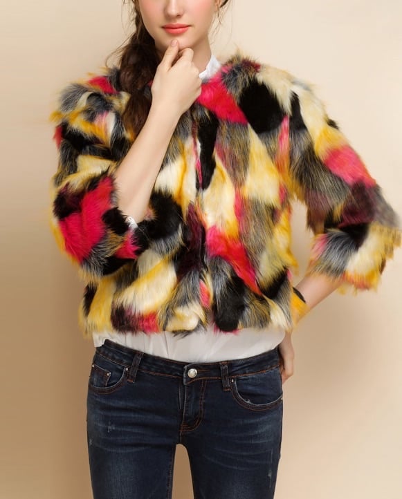 Image of Three-quarter Sleeve Colorful Faux Fur Coat 