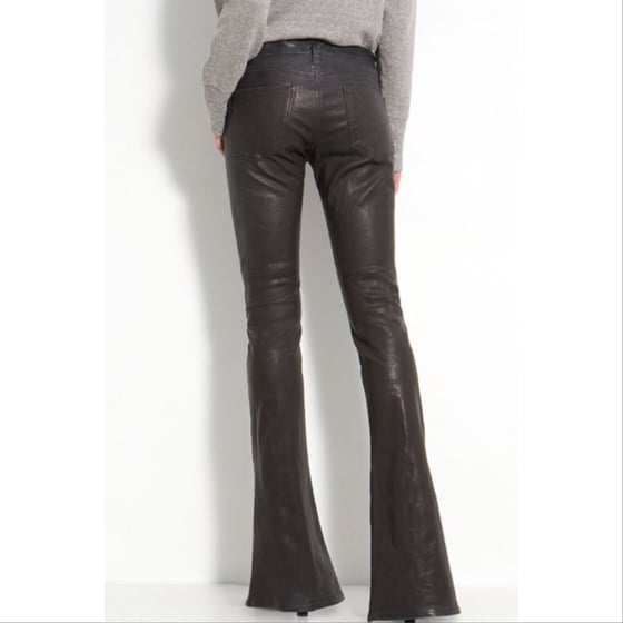 Image of Faux Leather Solid Color Stylish Flare Pants 