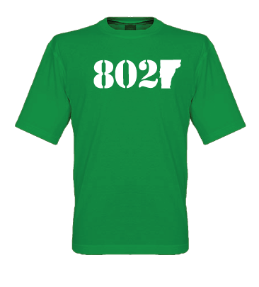 Image of Vermont 802 Classic T-Shirt - White logo on a Kelly Green Tee