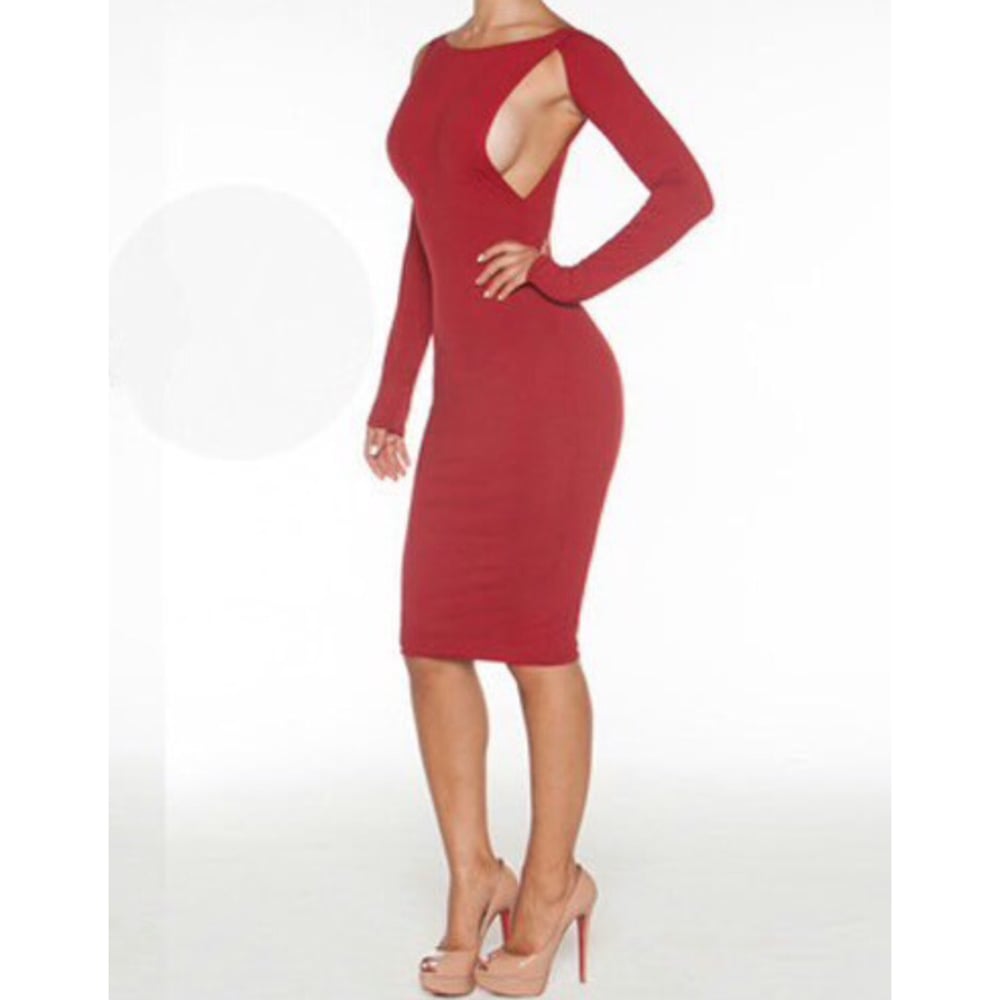 Image of Three Quarter Sleeves Side Boob Solid Red Polyester Sheath Knee Length Dress