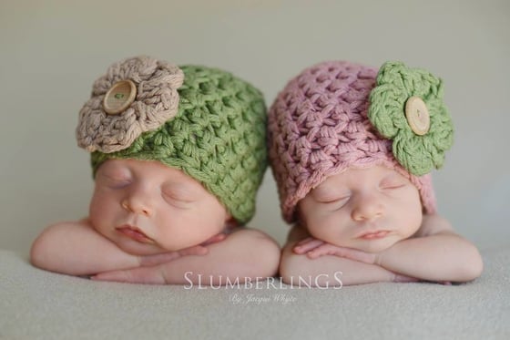 Image of SET Pink and Green Cotton Newborn Flower Hats
