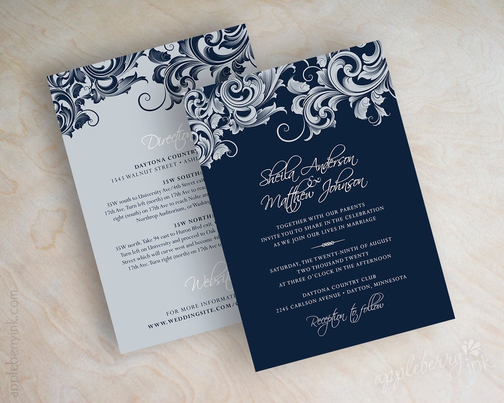 Jora Navy Silver Wedding Invitations Appleberry Ink Simple