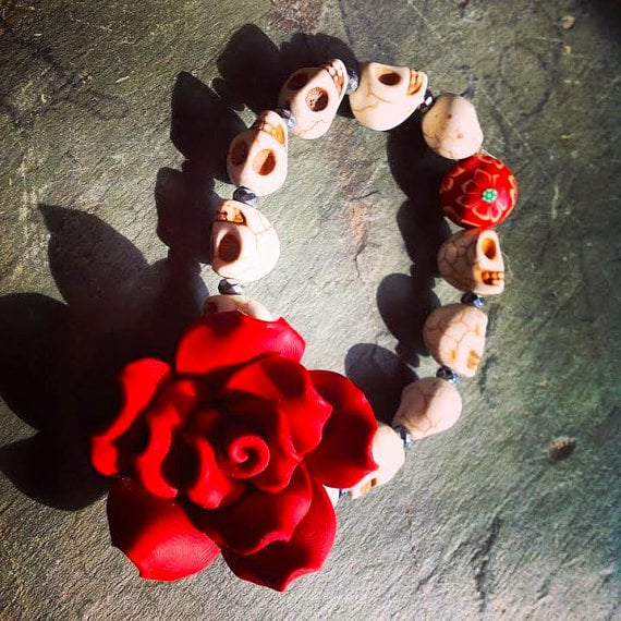 Image of Dia De Los Muertos Howlite Sugar Skulls and Pyrite with Red Rose and Sunflower Bead