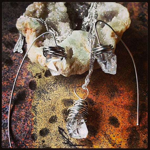 Image of Herkimer Diamond Sterling Silver Wire Wrapped Necklace and Earring Set