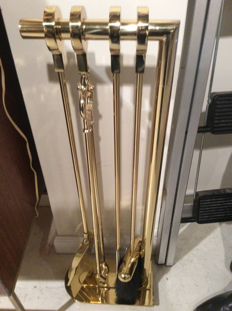 Image of 1970s Set of Brass Fireplace Tools by Maison Charles
