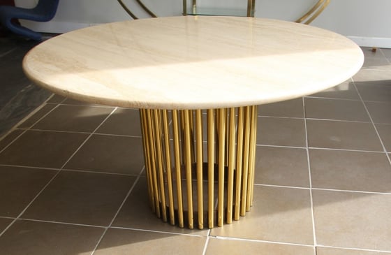 Image of Vintage Travertine Table with brass ribs and bronze band on base