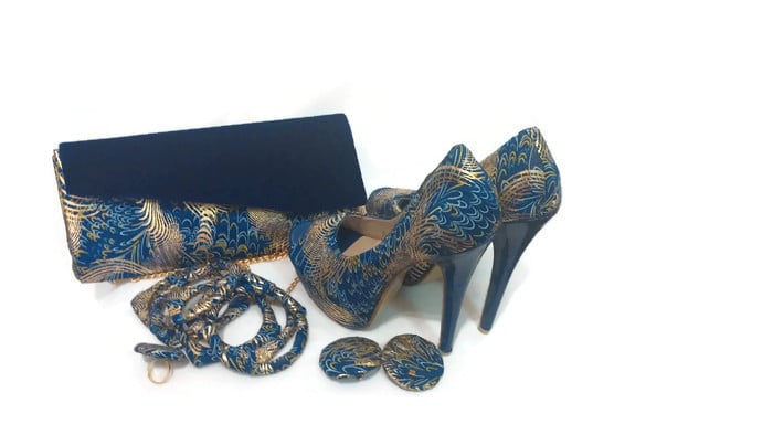 Image of Blue Ankara Shoe,Clutch Purse and Accessories  Set