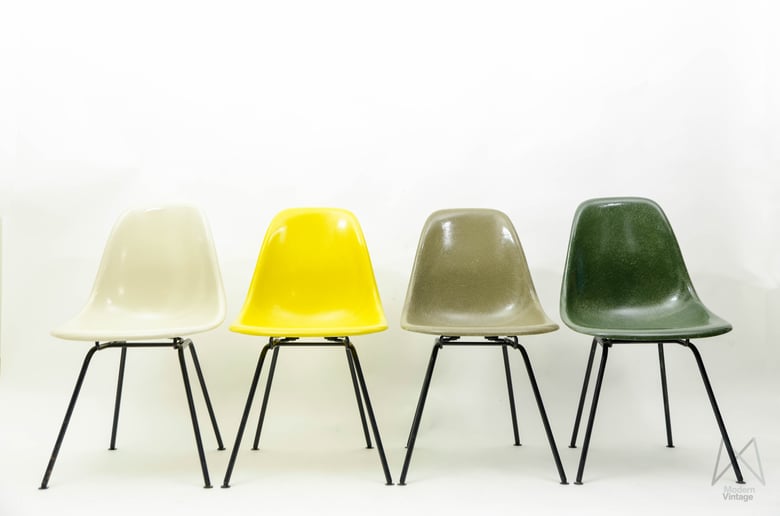 Image of Eames Original Herman Miller Fiberglass DSW Chair set Yellow Green tones