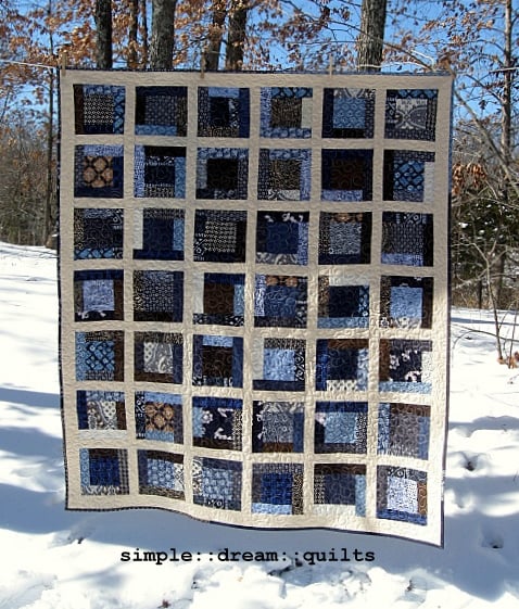 Image of indigo + oatmeal nap size quilt - 67" x 58" - framed square design - farmhouse quilt