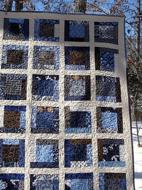 Image of indigo + oatmeal nap size quilt - 67" x 58" - framed square design - farmhouse quilt