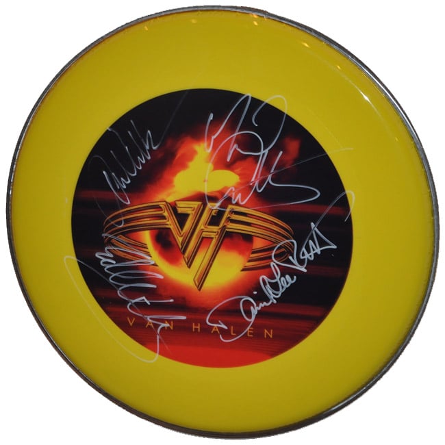 Image of Van Halen Band Signed " Flaming " 12 Inch Graphic Drum Head