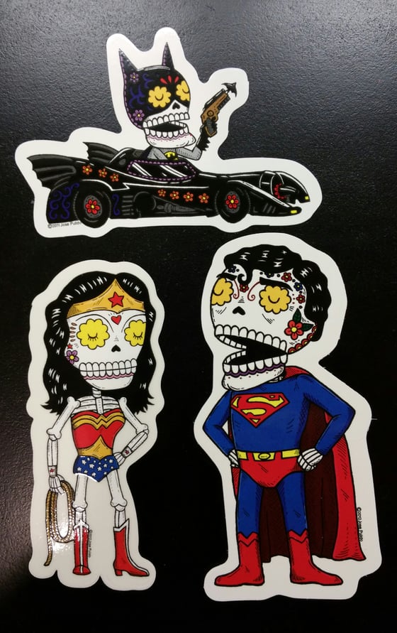 Image of Batman, Superman, Wonder Woman Trinity Calaveras Die Cut Vinyl stickers (3)