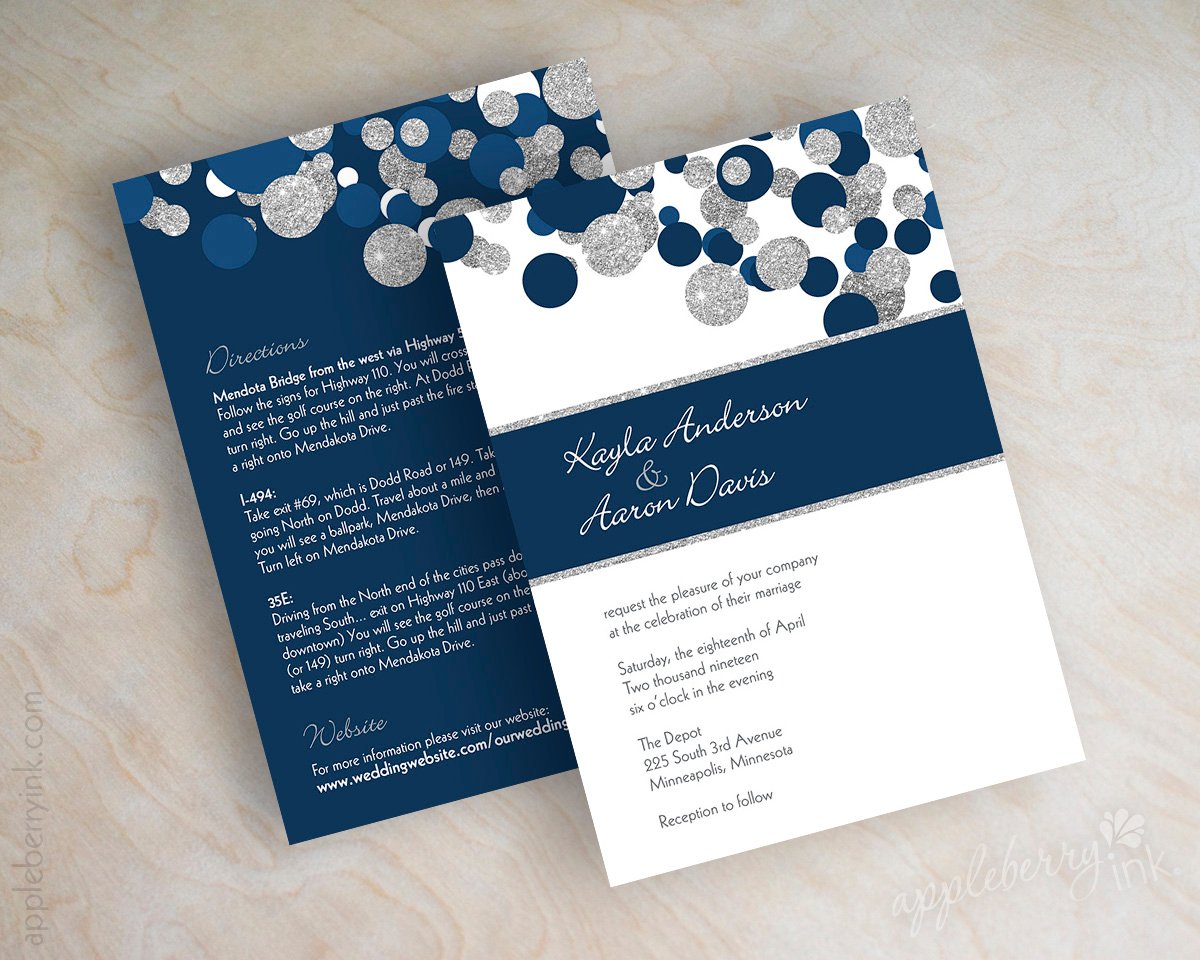 Kendall Navy Blue Silver Glitter Wedding Invitations 