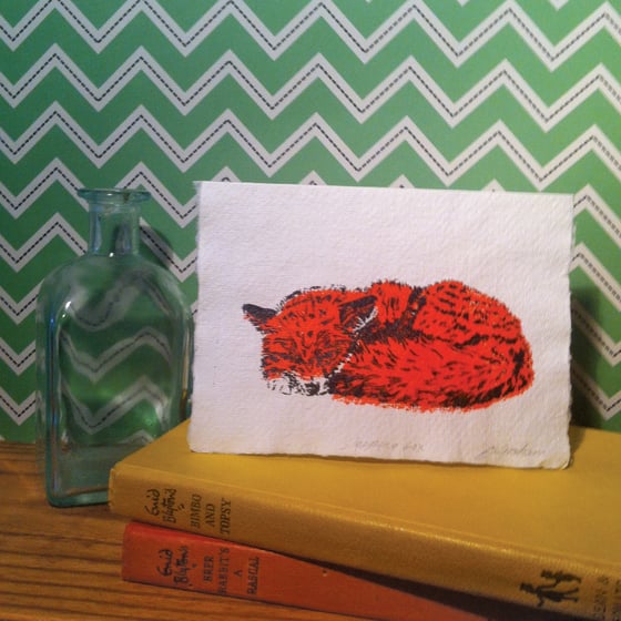 Image of SLEEPING FOX CARD screen printed by hand on cotton rag paper. 