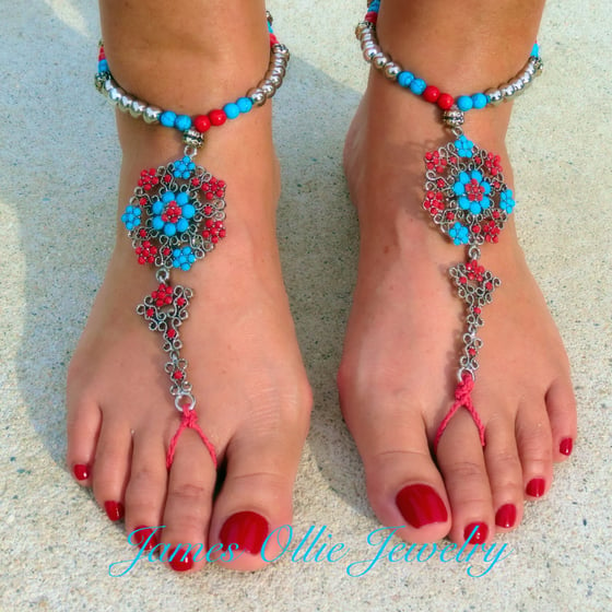 Image of Blue and Red Charmed Barefoot Sandals (anklet)