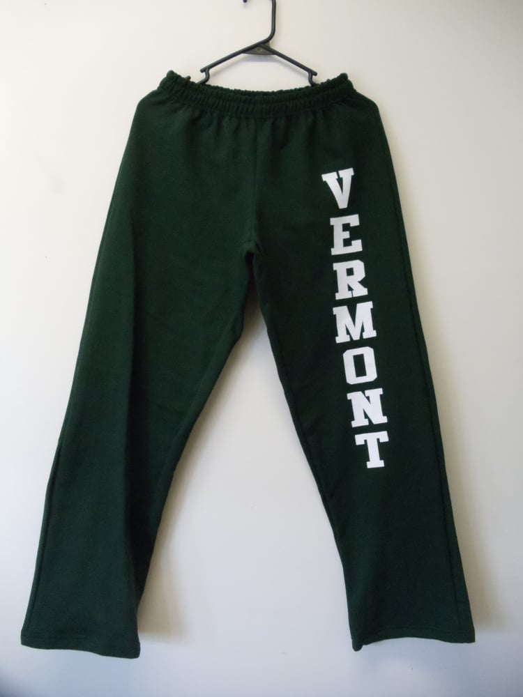 Image of Adult & Kids Vermont 8oz. Sweatpants - Forest Green with white Vermont on Leg