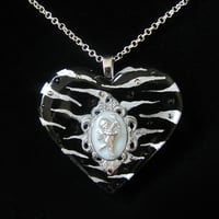 Image 2 of Black/Silver Zebra Cameo Resin Heart Pendant - ON SALE - WAS £15 NOW £10