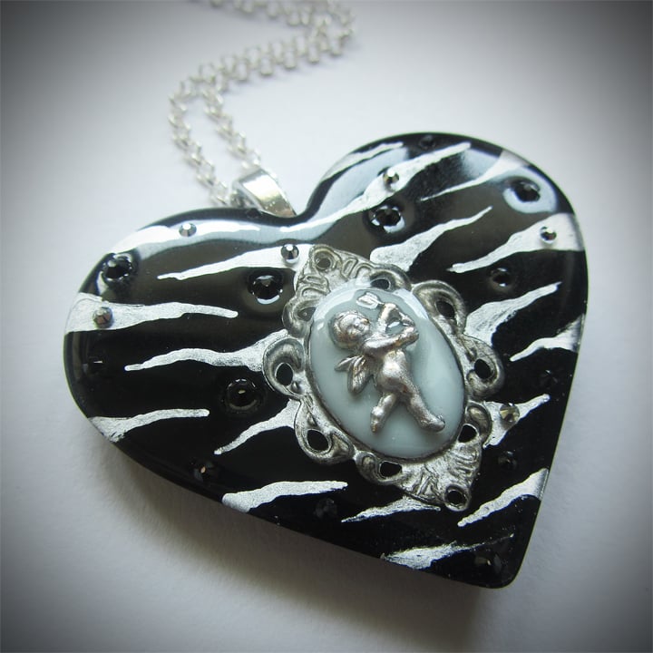Black/Silver Zebra Cameo Resin Heart Pendant - ON SALE - WAS £15 NOW £10