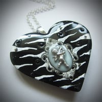 Image 1 of Black/Silver Zebra Cameo Resin Heart Pendant - ON SALE - WAS £15 NOW £10