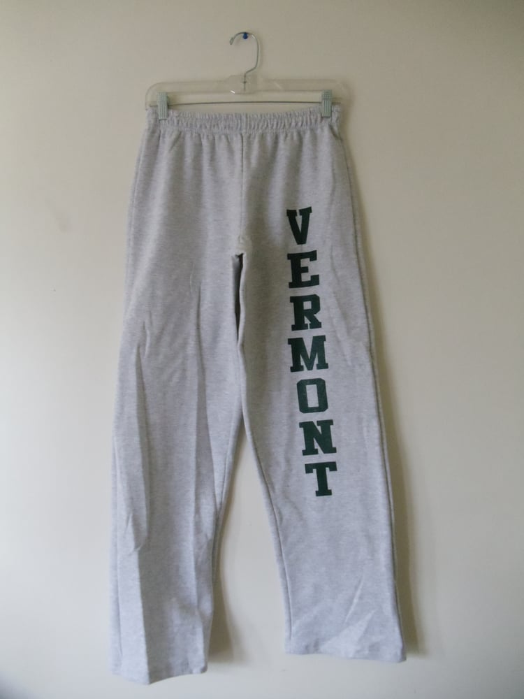Image of Adult & Kids Vermont 8oz. Sweatpants - Ash Grey w/ green Vermont on Leg