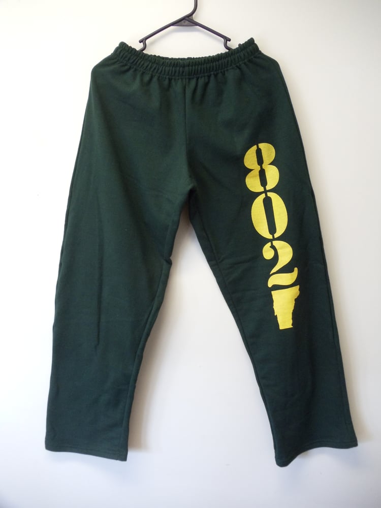 Image of Adult & Youth 802 Vermont Sweatpants 8oz - Gold 802 on Green - Vermont clothing - 802 clothing