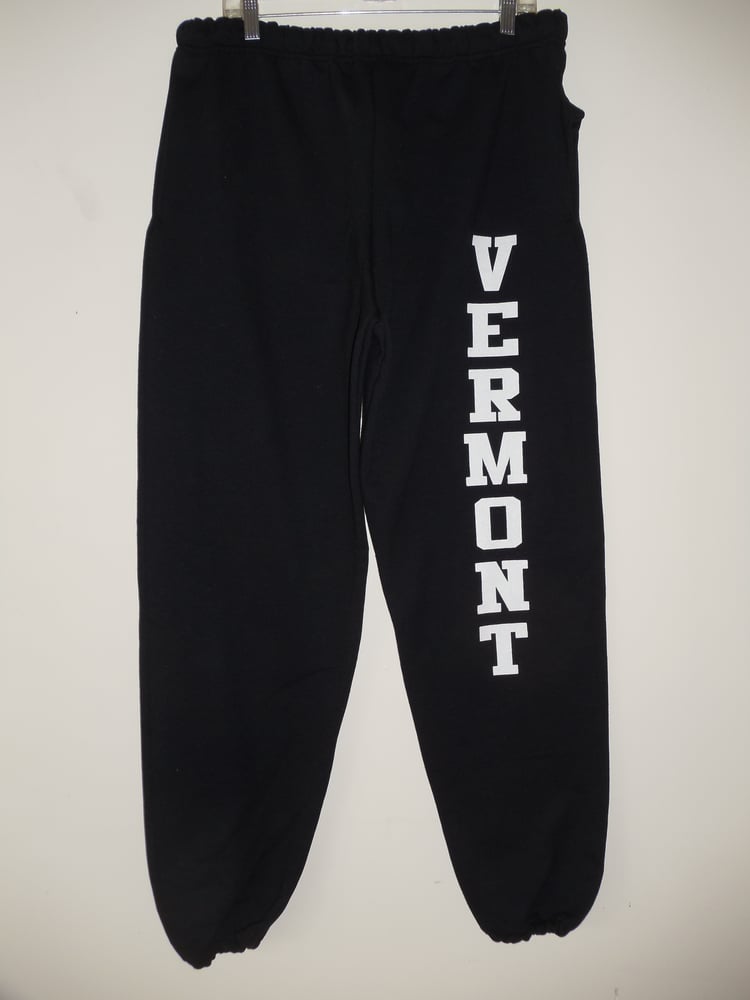 Image of Adult & Youth Vermont Sweatpants 10oz White Vermont on Black - Vermont clothing - 802 clothing