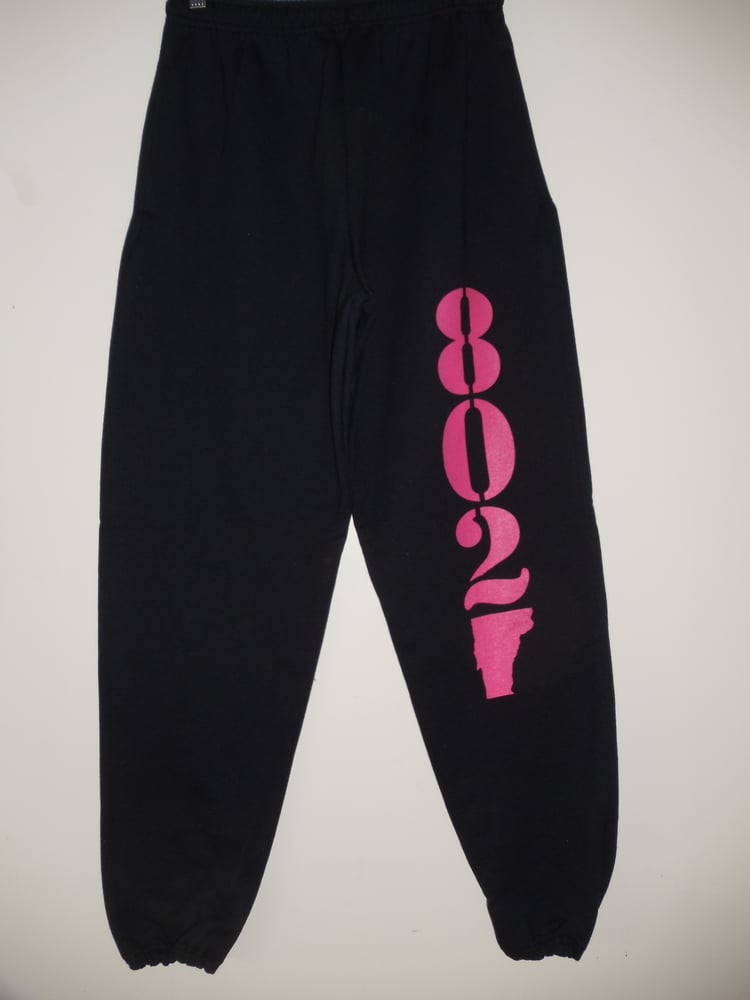 Image of Adult & Youth 802 Vermont Sweatpants 10oz Pink 802 on Black Sweats - Vermont clothing - 802 store
