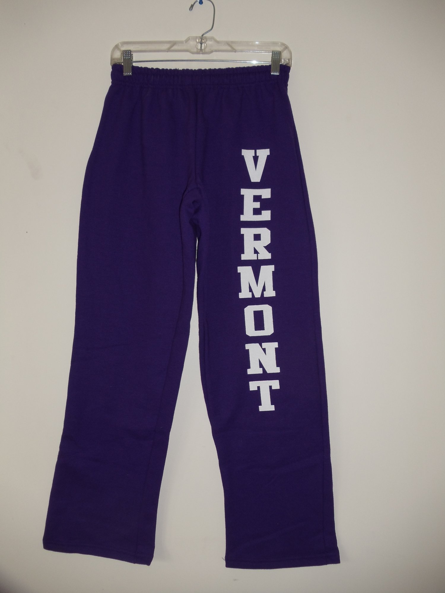 Image of Vermont Sweatpants 8oz White Vermont on Purple - Vermont clothing - 802 clothing - 802 store