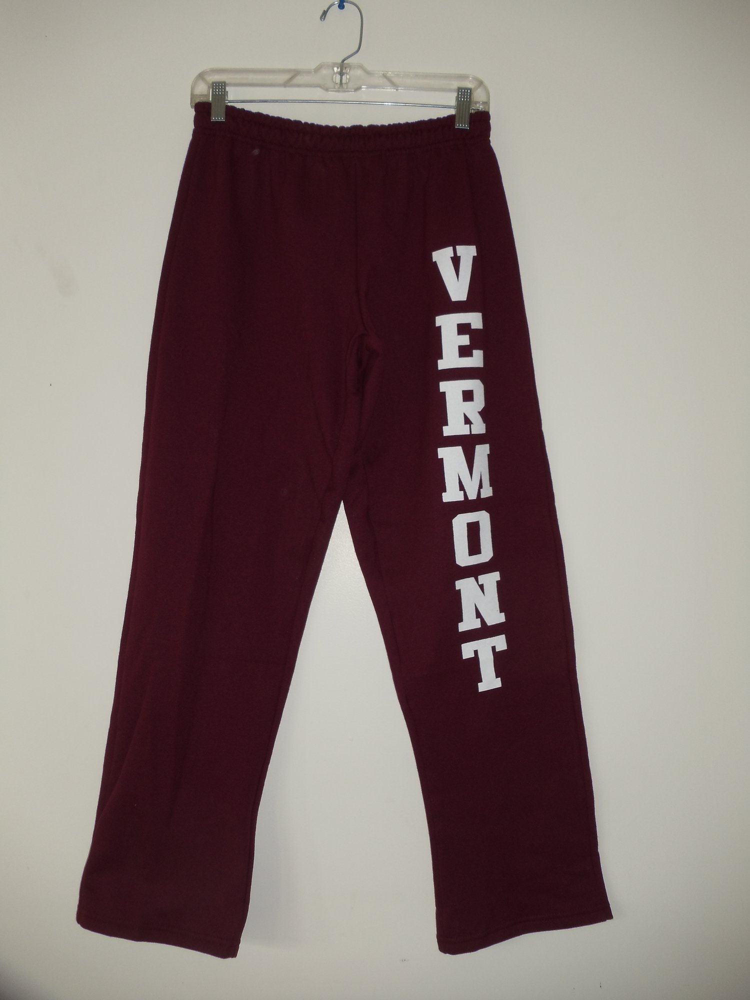 Image of Vermont Sweatpants 8oz - White on Maroon - Vermont clothing - 802 clothing - 802 store