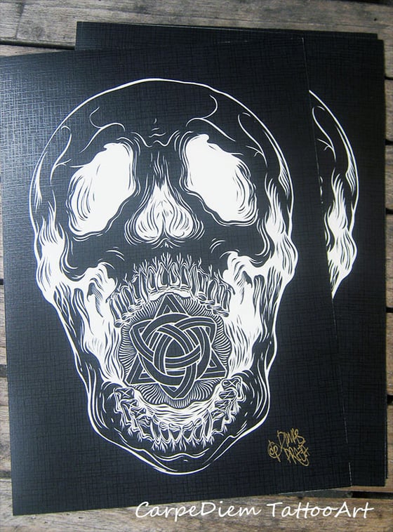 Image of Screaming skull tattoo art print on linen paper