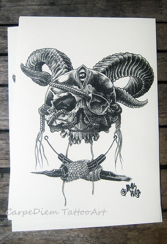 Tattooing skull - tattoo art print from original pen drawing /  CarpeDiemTattooStudio