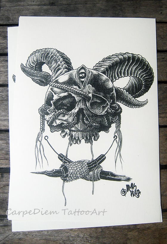 Image of Tattooing skull - tattoo art print from original pen drawing