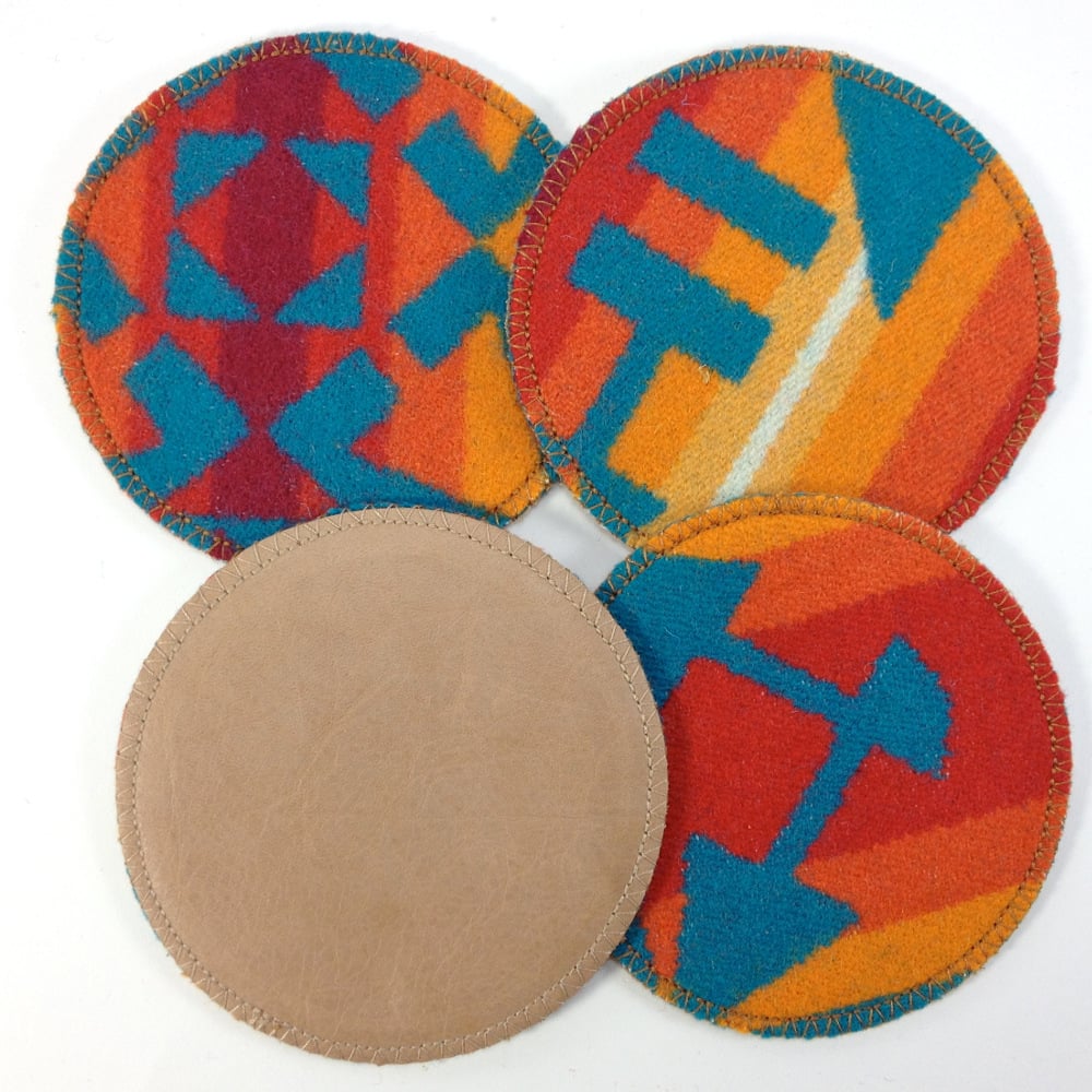 Image of Wool & Leather Coasters - Orange/Turquoise