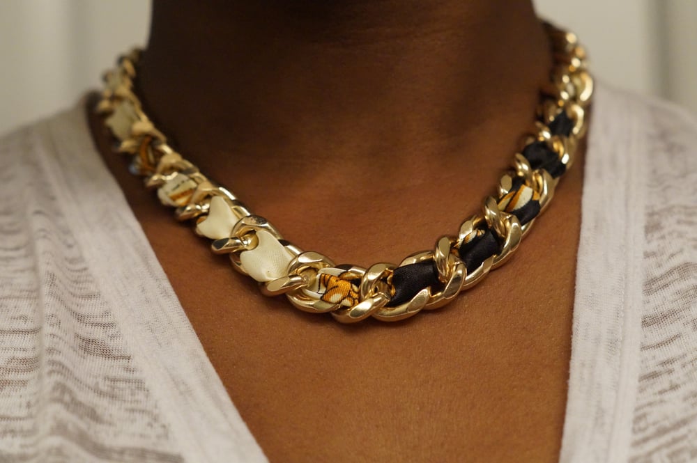 Image of Black & White Scarf Gold Chain Necklace