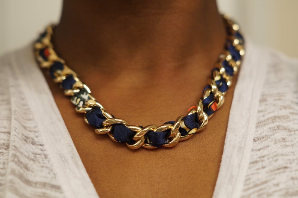Image of Navy Scarf Gold Chain Necklace