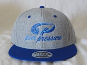 Image of Grey Snap Back Blue Flat Bill- Light Blue/Blue Logo