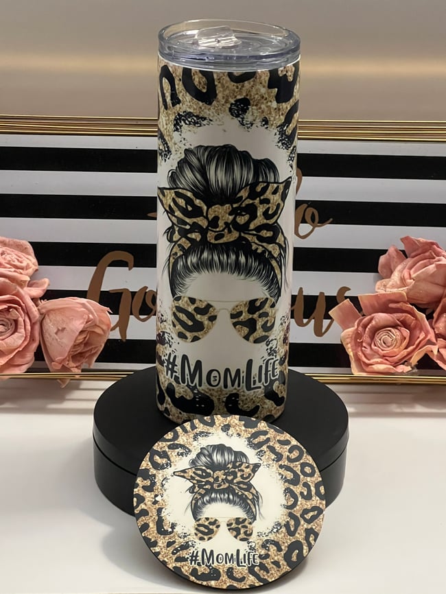 Cheetah Mom life Tumbler & Coaster set