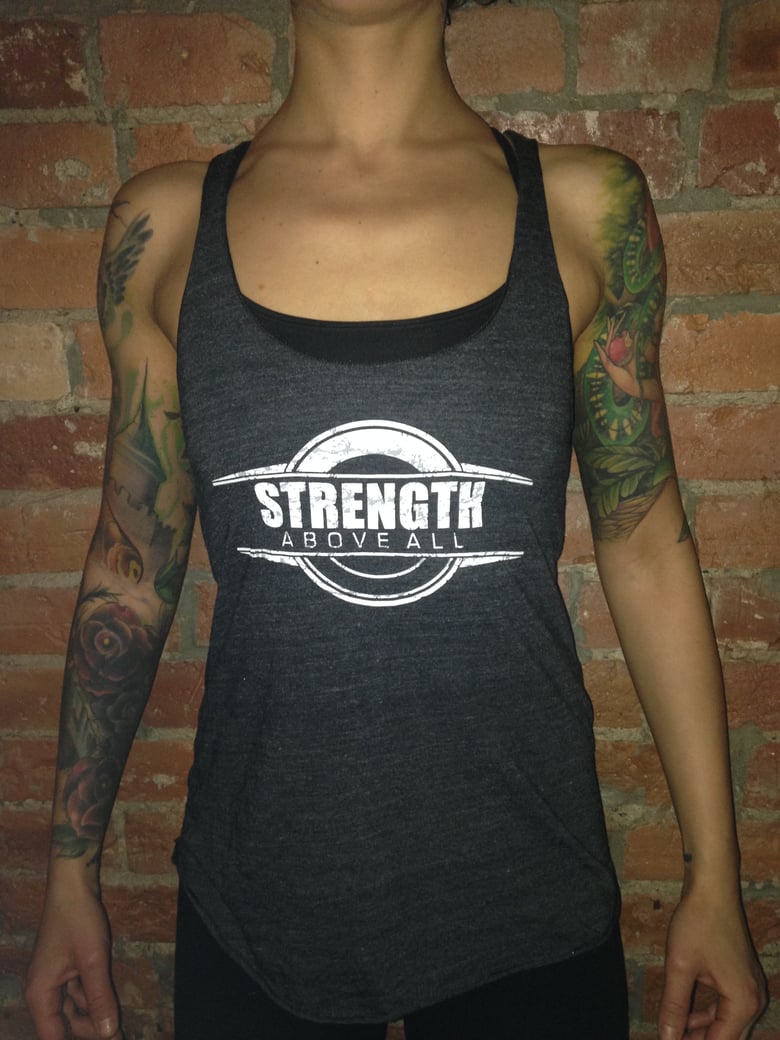 Image of Strength Above All Womens Racer Tank - Tri Black 