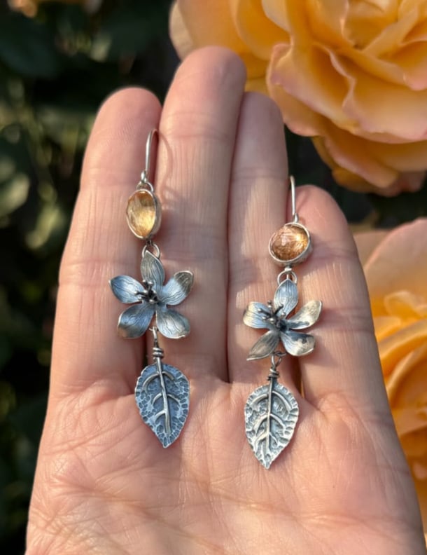 Image of Apple Blossom Flower and Leaf Statement Earrings