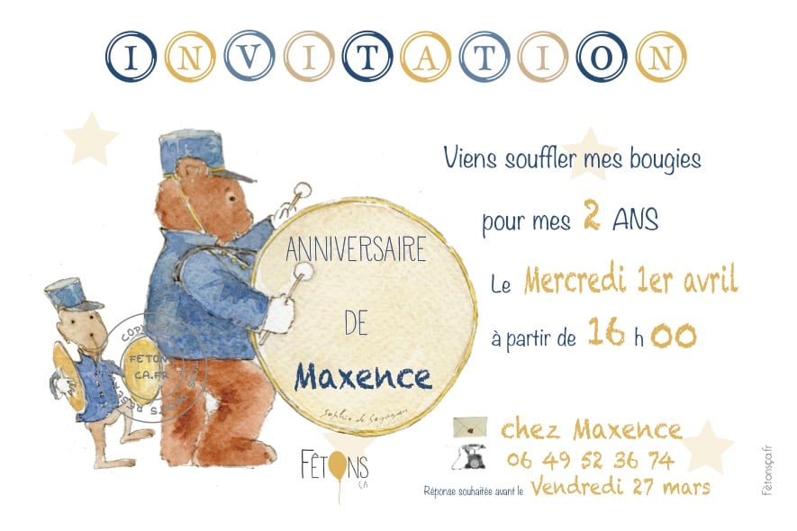 Carte d'invitation anniversaire Garçon Ours tambour / Fêtons ça 2.0