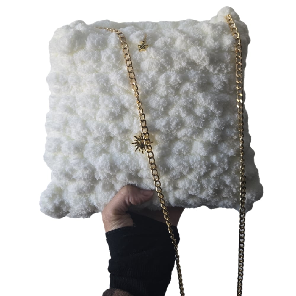 Image of white fluffy big knit purse