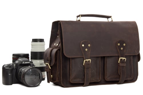 Image of Vintage Genuine Leather DSLR Camera Bag Leather Briefcase SLR Camera Bag 7145