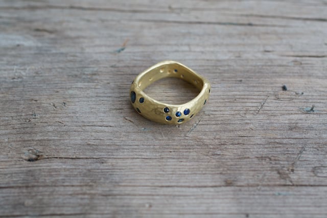 Image of Square Hammered Ring with Sapphires