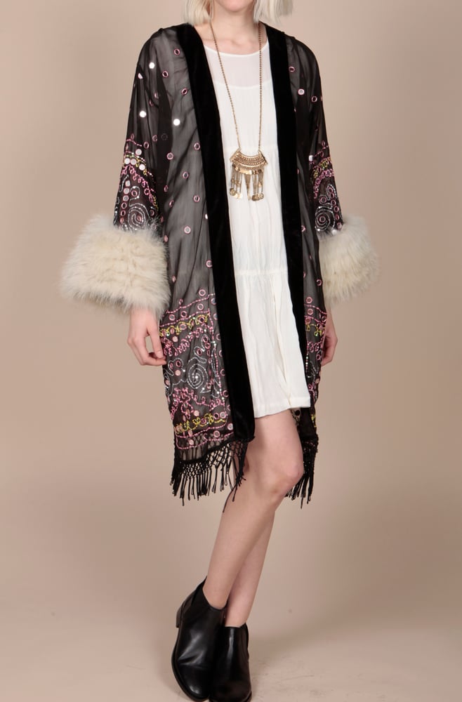 Image of Embellished Kimono with fur cuffs